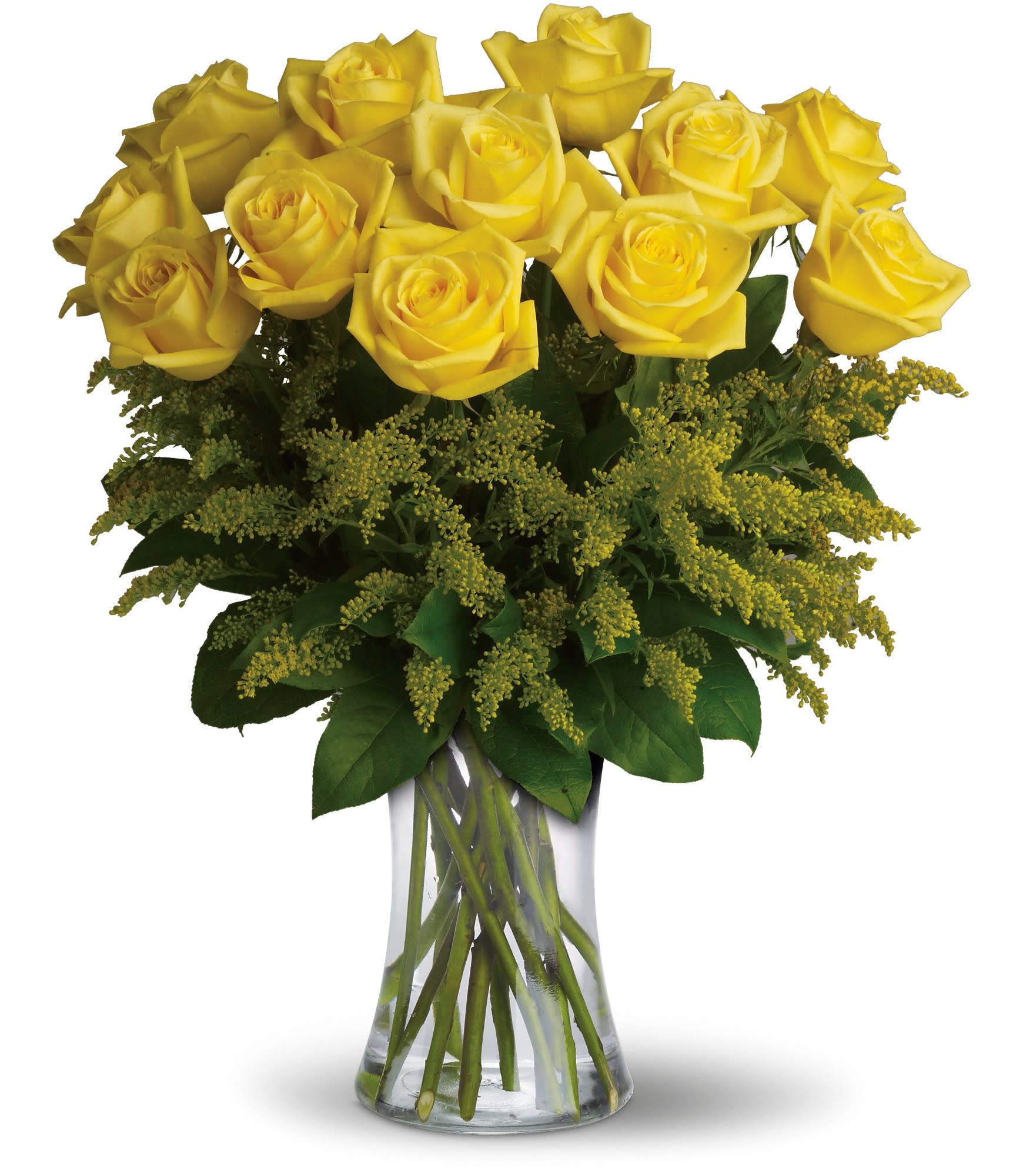 Rosy Glow Bouquet - Yellow roses symbolize friendship, and sending this sunny bouquet of bright yellow flowers is such a beautiful way to celebrate a special bond. Destined to make anyone's day glow, these roses are brilliant!  Glowing yellow roses and solidago mixed with greens are delivered in a clear glass gathering vase. Sunny skies ahead!  Approximately 16" W x 20" H    
