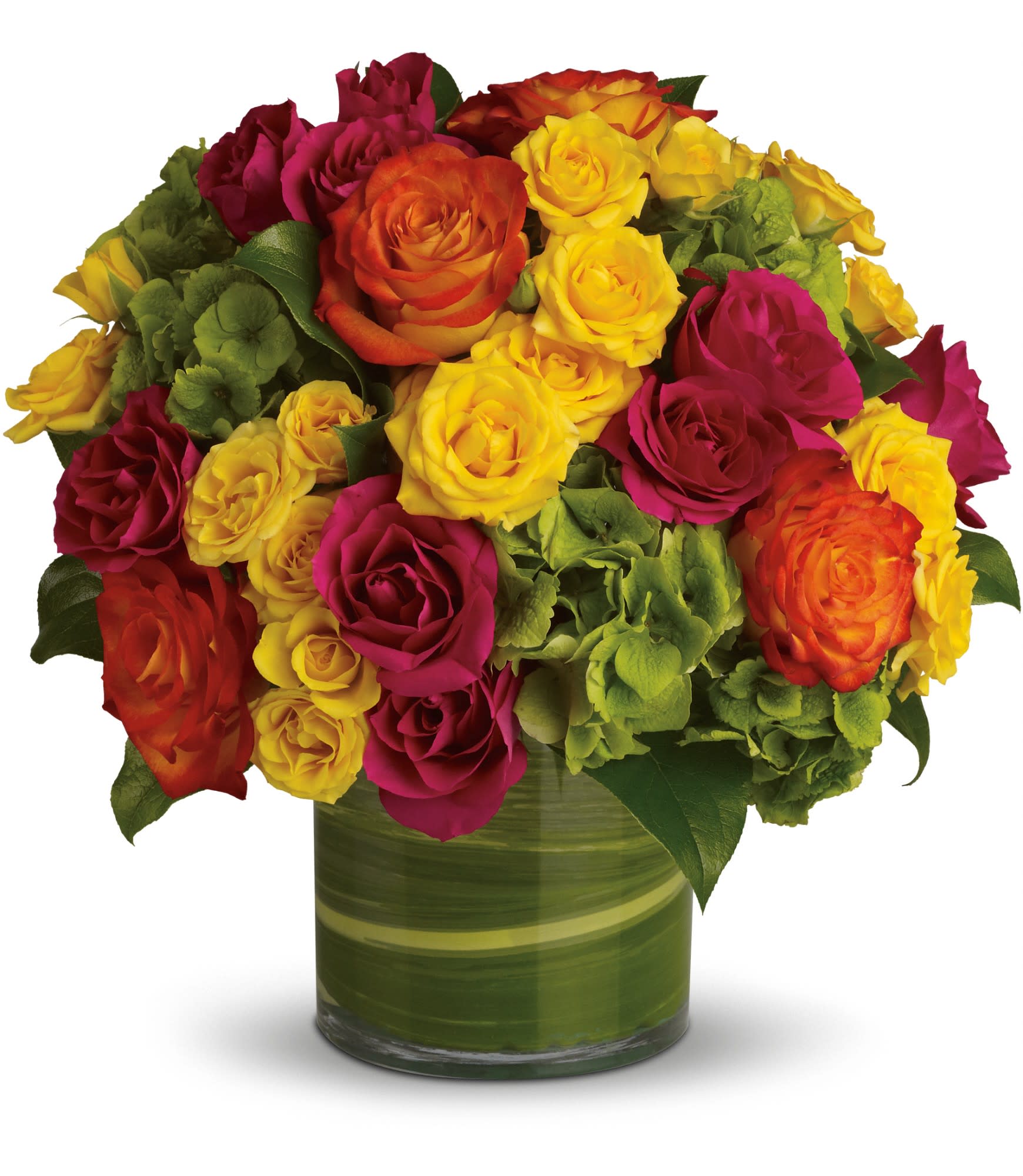 Blossoms in Vogue  - Blow someone away with a bouquet that has so much styleâ¦ all it needs is its own runway.  Brilliant green hydrangea, hot pink and bi-color roses, hot pink and yellow spray roses and greens are hand-delivered in stunning style: a wide cylinder vase that's been elegantly lined with leaves. This bouquet is a singular sensation!  Approximately 13" W x 12" H  Orientation: All-Around      As Shown : T74-1A     Deluxe : T74-1B     Premium : T74-1C  