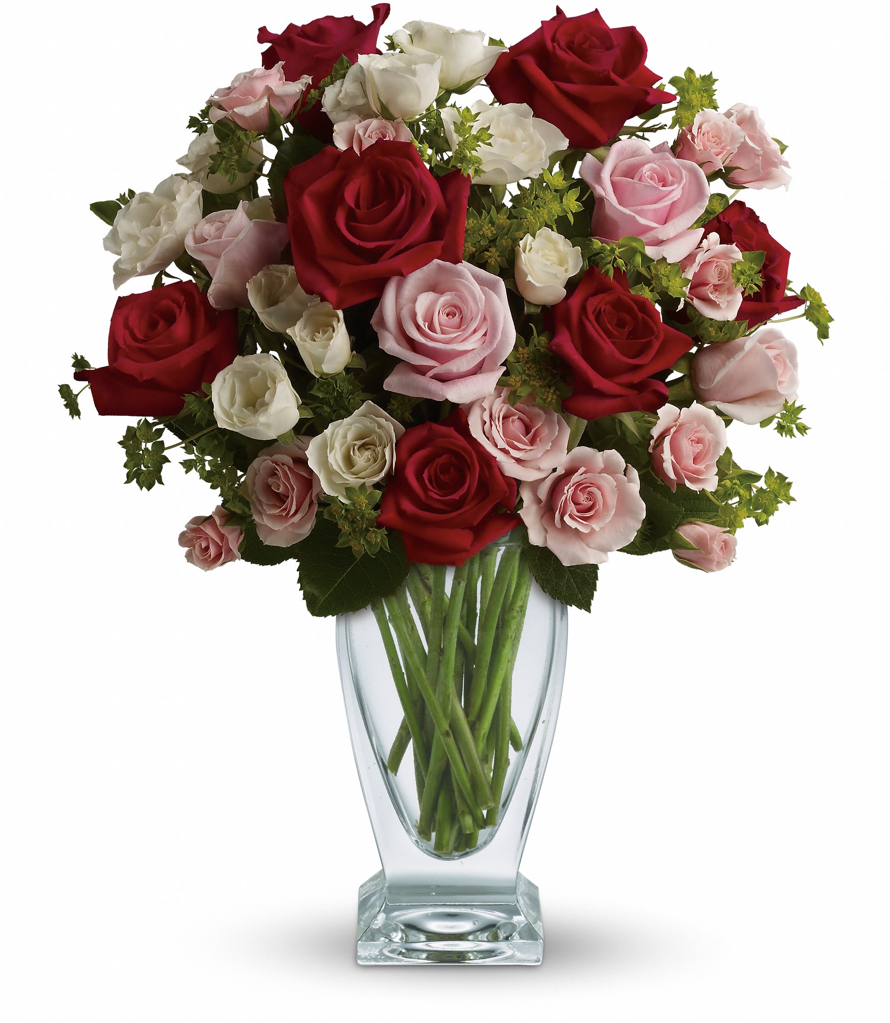 Cupid's Creation with Red Roses by Teleflora  - Classic beauty and romance to spare, thanks to the graceful lines of a Couture Vase filled with stunning roses - the iconic flower of love. Like the arrow released from Cupid's bow, this gorgeous bouquet will go straight to your lover's heart.  Exquisite red and pink roses, white and light pink spray roses and greens are perfectly arranged in a lovely Couture Vase. This is an inspired way to celebrate your love.  Approximately 8" W x 14" H  Orientation: All-Around      As Shown : T6-1A     Deluxe : T6-1B     Premium : T6-1C  