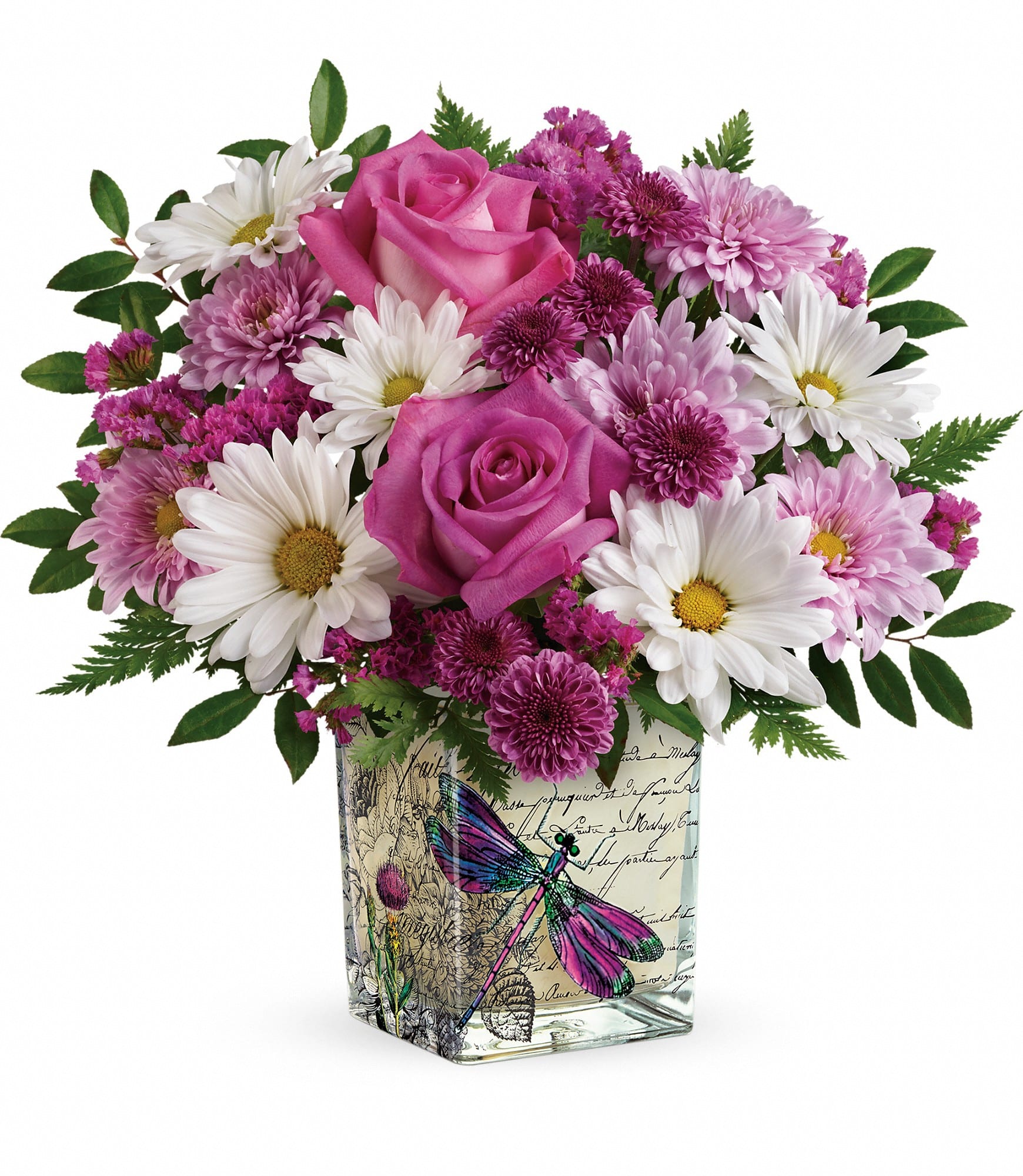Pink roses and white daisies in a square glass vase with butterfly artwork