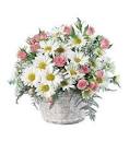 Mixed bouquet of white daisies and pink flowers in a basket