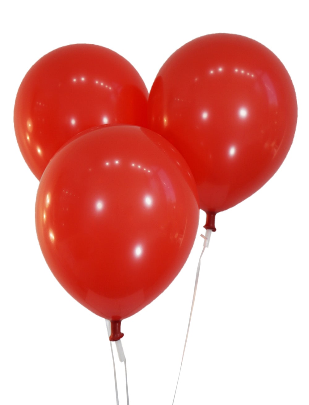 Three red balloons on white strings against a white background