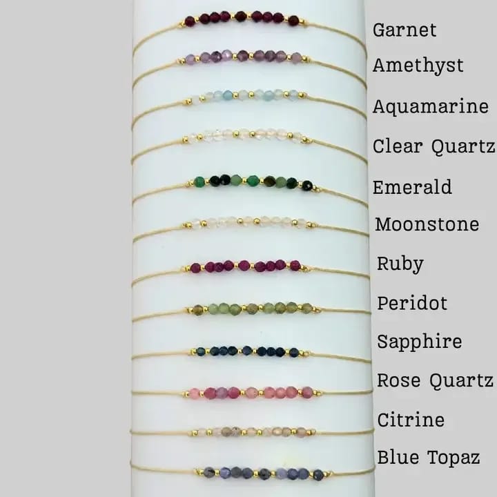Beaded gemstone bracelets displayed on a white card with stone names.