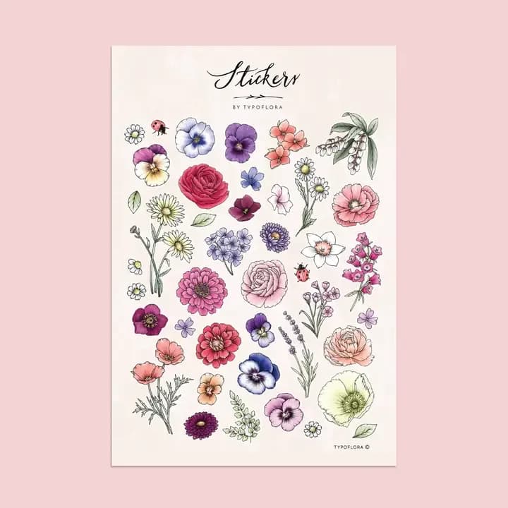 Sheet of floral stickers with assorted colorful blossoms