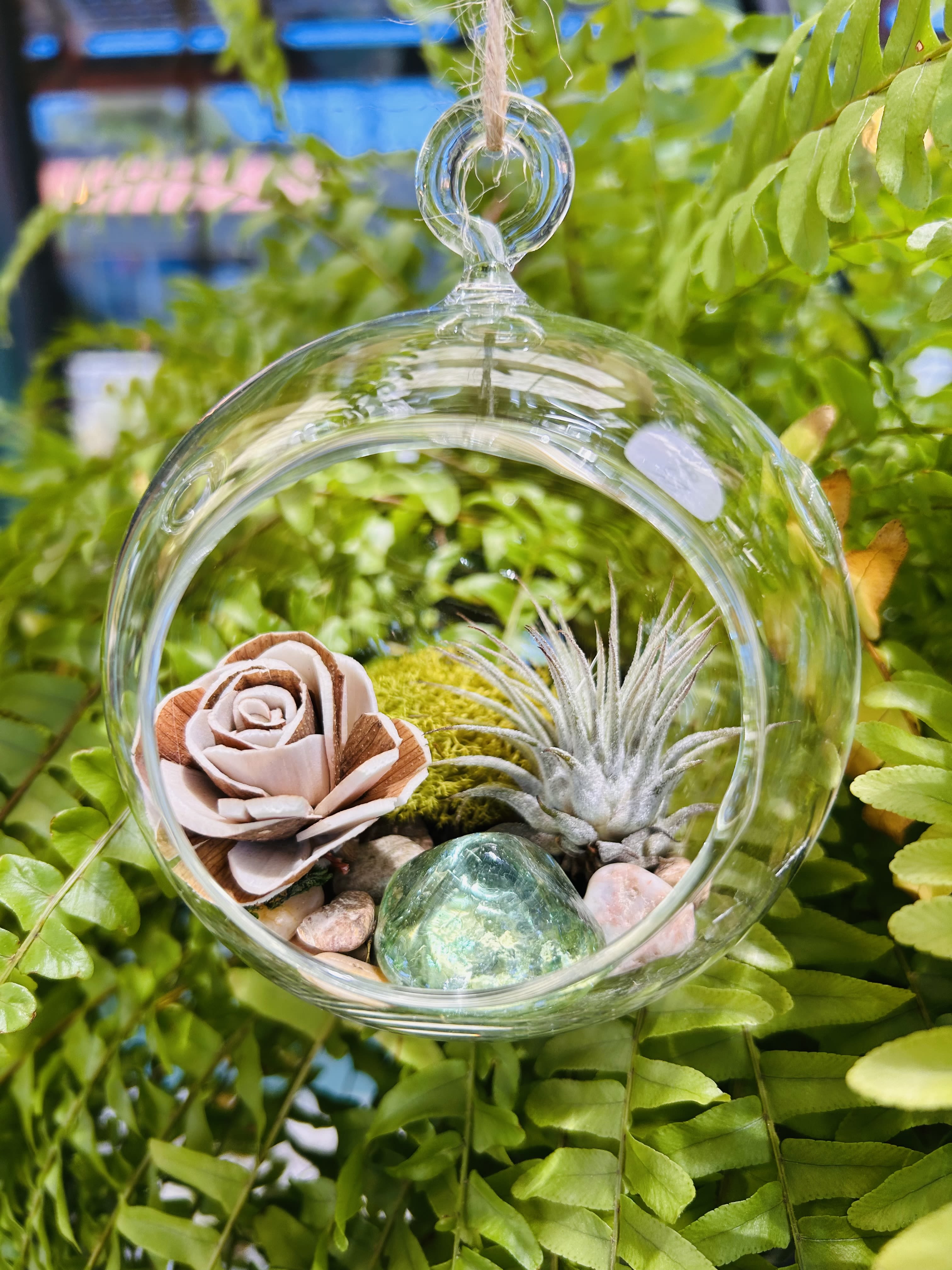 Hanging Air Plant Terrarium - A delicate glass hanging terrarium that brings modern botanical charm to any room-perfect as a gift for a housewarming, birthday, or "thinking of you" moment. This hanging air plant terrarium reads as a refined home accent rather than a traditional bouquet, so the person you're sending it to will feel noticed by a gift that blends living-style design with gentle floral sentiment.  Inside the clear orb a silvery air plant nestles beside a pale pink silk rose and a muted brown-toned rose, all set on a bed of soft moss and assorted decorative stones. The glass pebble and tiny accents add subtle color and texture, while the rope hanger and glass enclosure create a light, airy presentation that looks lovely suspended in a window, over a desk, or on a porch.  Give this when you want the recipient to enjoy low-maintenance beauty-no watering or special care for the silk flowers, and the faux elements keep the look fresh long-term. The terrarium arrives ready to hang; its compact size makes it an easy way to brighten small spaces and show someone you're thinking of them with a tasteful, long-lasting keepsake.