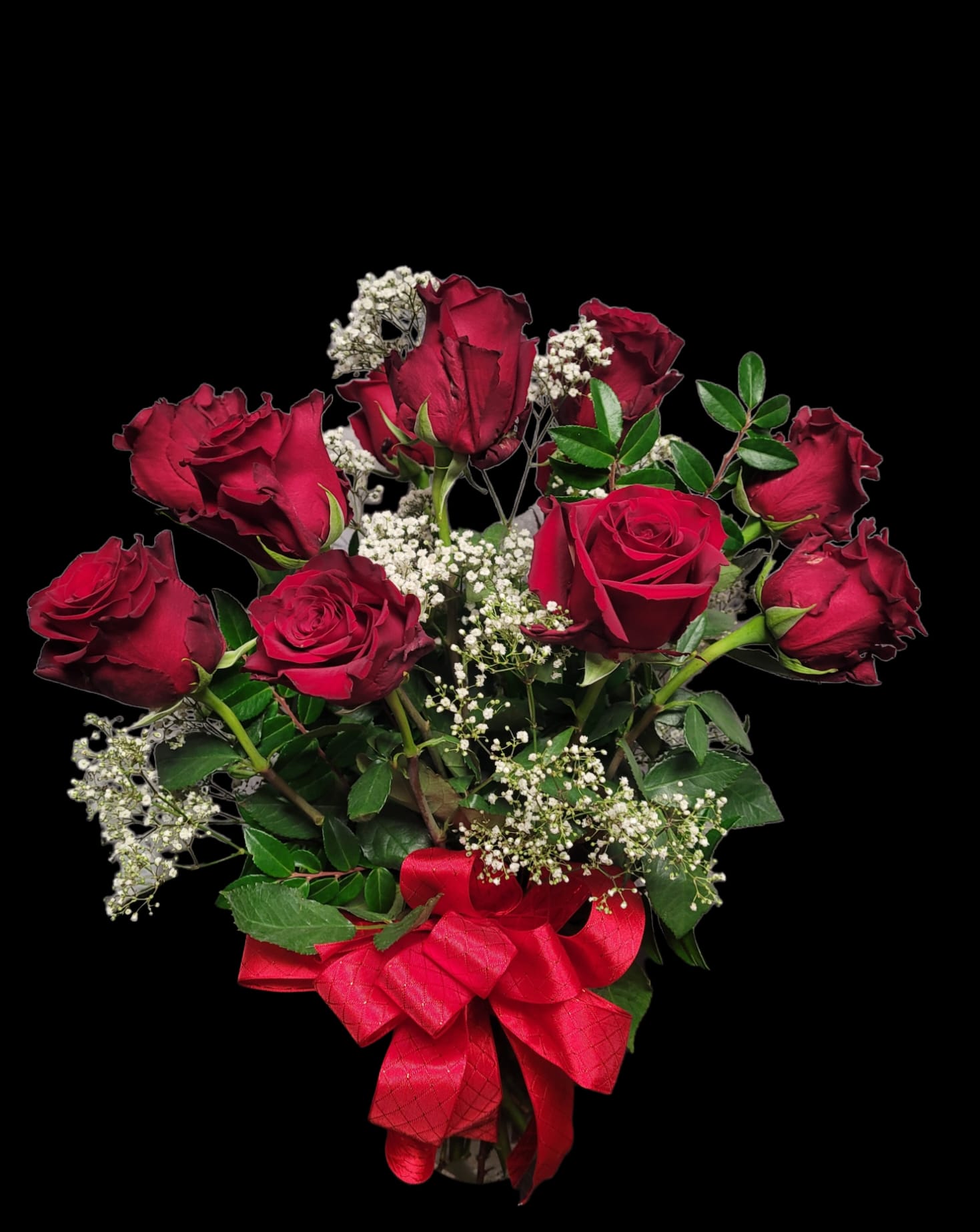 Bouquet of red roses with baby's breath and a red ribbon