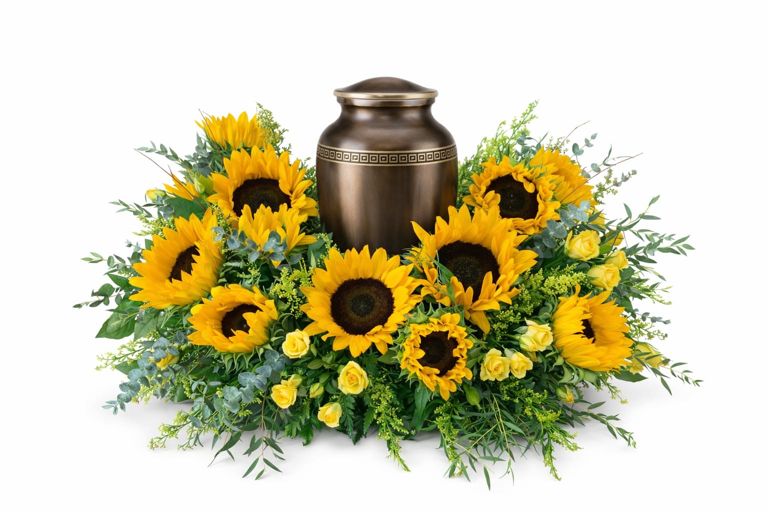 Golden Sunlight Urn - A bright and uplifting tribute designed to honor a life full of warmth and love. This urn arrangement features radiant sunflowers as the focal point, surrounded by soft yellow roses and lush greenery, creating a natural, garden-inspired design.  The golden tones symbolize light, hope, and cherished memories, while the full, flowing shape gently surrounds the urn, offering a beautiful and comforting display. Perfect for services or memorials, this piece brings a sense of peace and heartfelt remembrance.