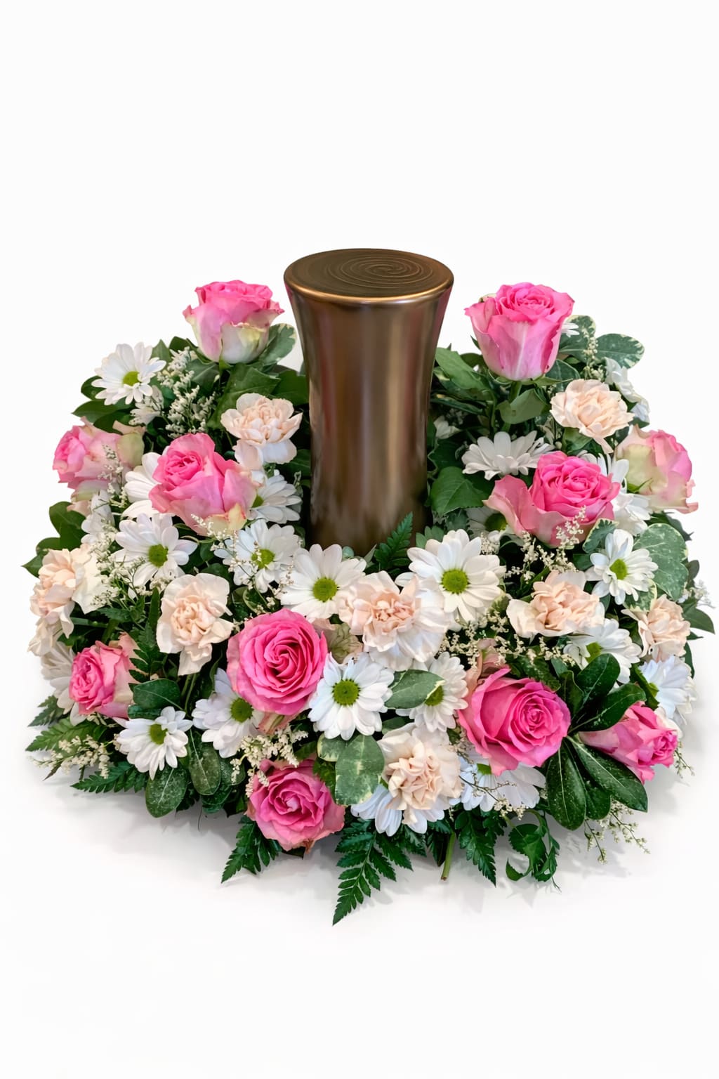 Eternal Garden  - Beautiful urn arrangement featuring roses, daisies, and carnations. Honor their memories with this elegant memorial.