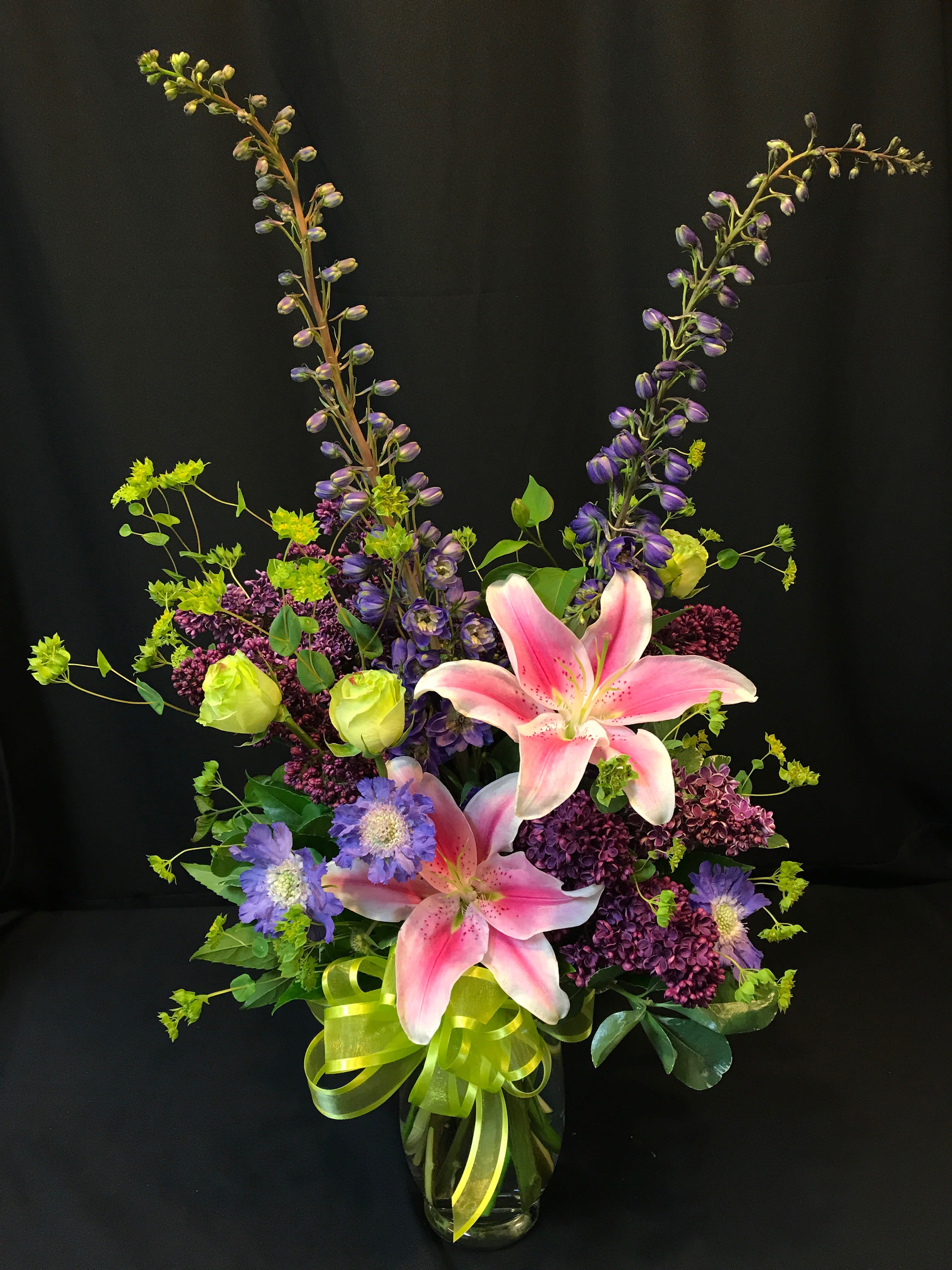 Lilac Rose large spring bouquet - Gorgeous fragrant bouquet. Large spring selection. Order ahead to assure closest match or flowers and colors will vary.  Shown here: Lilac, Oriental lilies, roses, delphinium and scabiosa.*