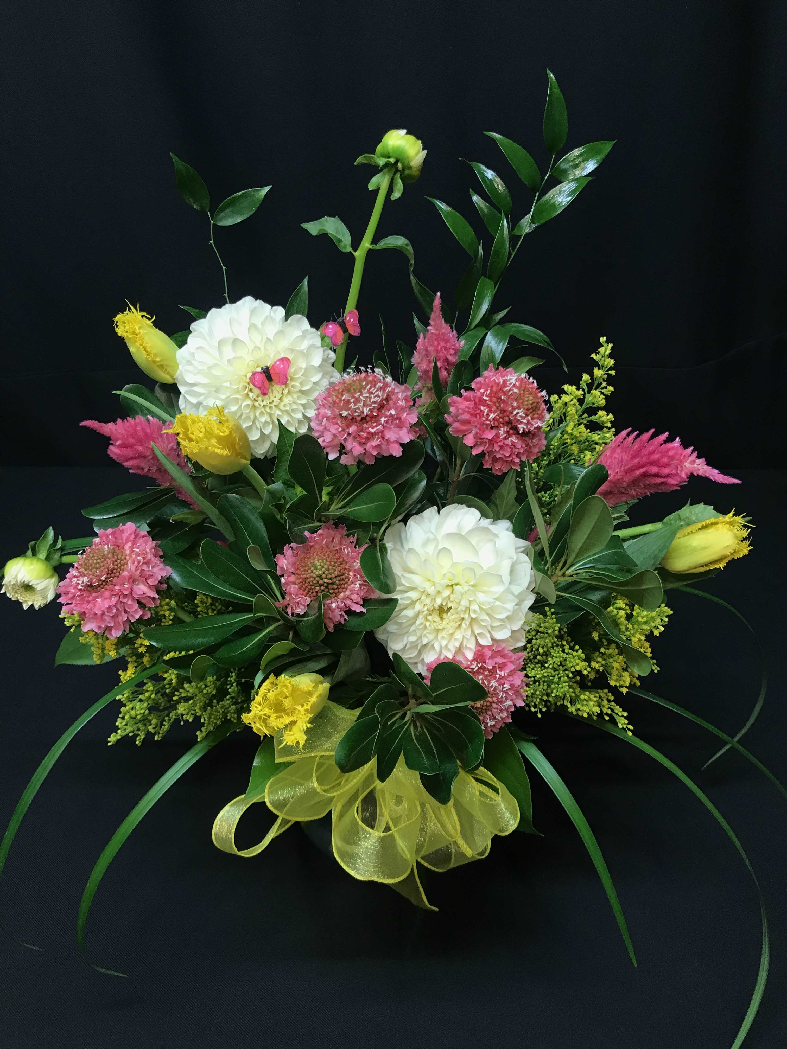 Small spring dahlia bouquet with butterflies - Order at least a week ahead as dahlia are not always readily available and in season. We will email you if they are not available and substitute those.  Flowers and colors may vary. 