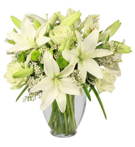 Simplicity - Pretty and delicate, this arrangement exemplifies the feelings of purity and peace. With white lilies, white roses, green button poms, and white fillers. Simplicity is an entrancing beauty full of grace. You can't go wrong with an arrangement this tasteful!