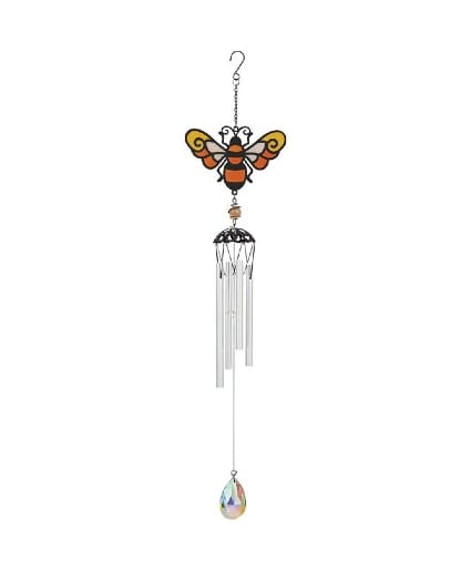 Bee-themed metal wind chime with silver tubes and a hanging faceted crystal prism