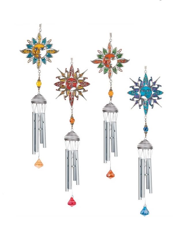 Sun Suncatcher Mini-Chime - This colorful sun catcher mini chime is 26in long. Glass color will vary. Sold individually or displayed on an easel with floral design. It can also be mounted on a shepherds hook planted in a dish garden planter of assorted living plants and fresh cut flowers (Premium Option).
