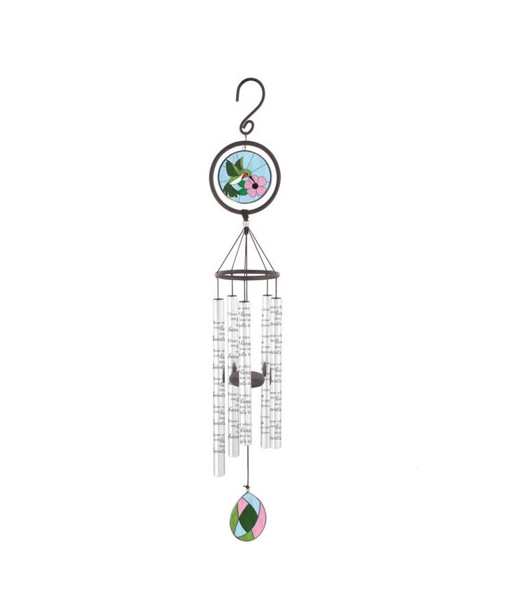 Hanging wind chime with a floral painted top and colored bottom pendant