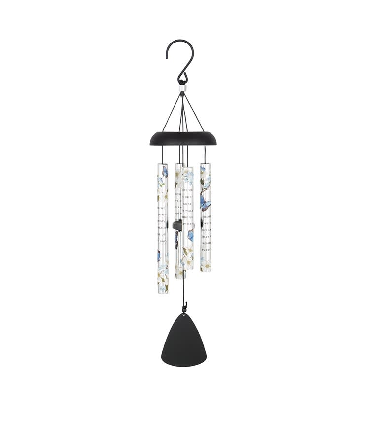 Black hanging wind chime with floral-patterned tubes