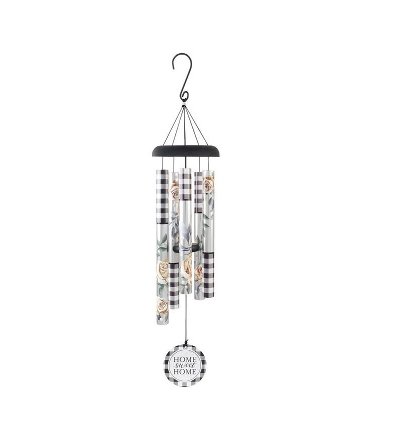 Hanging metal wind chime with plaid tubes and a round "Home Sweet Home" tag