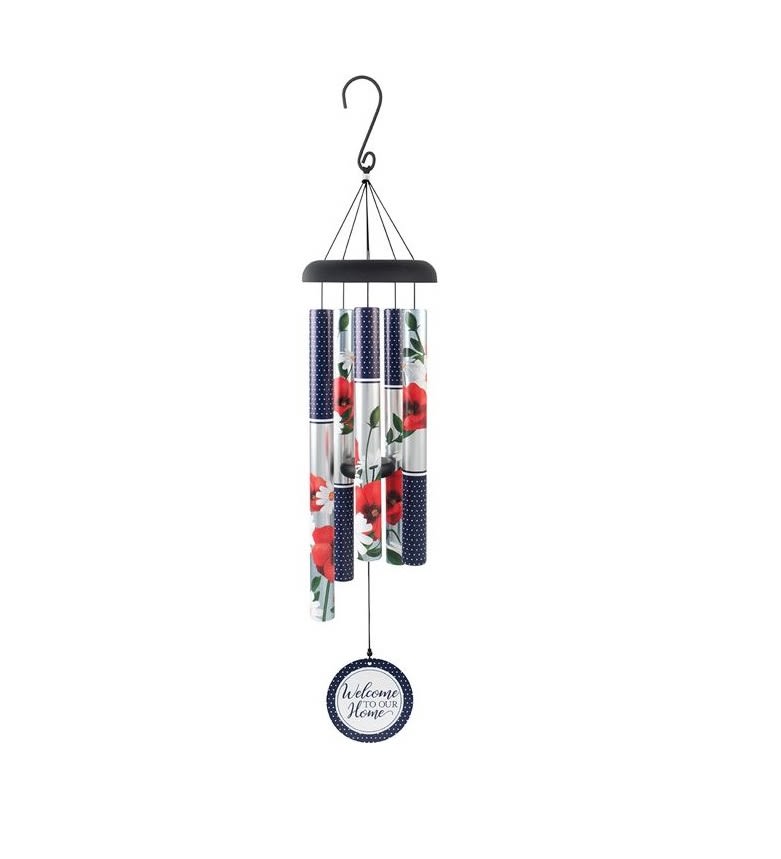 Hanging wind chime with floral-patterned tubes and a "Welcome to Our Home" tag