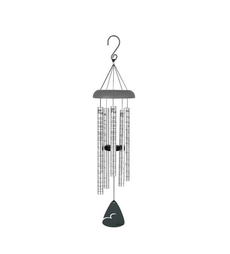 Hanging metal wind chime with silver tubes and a dark clapper