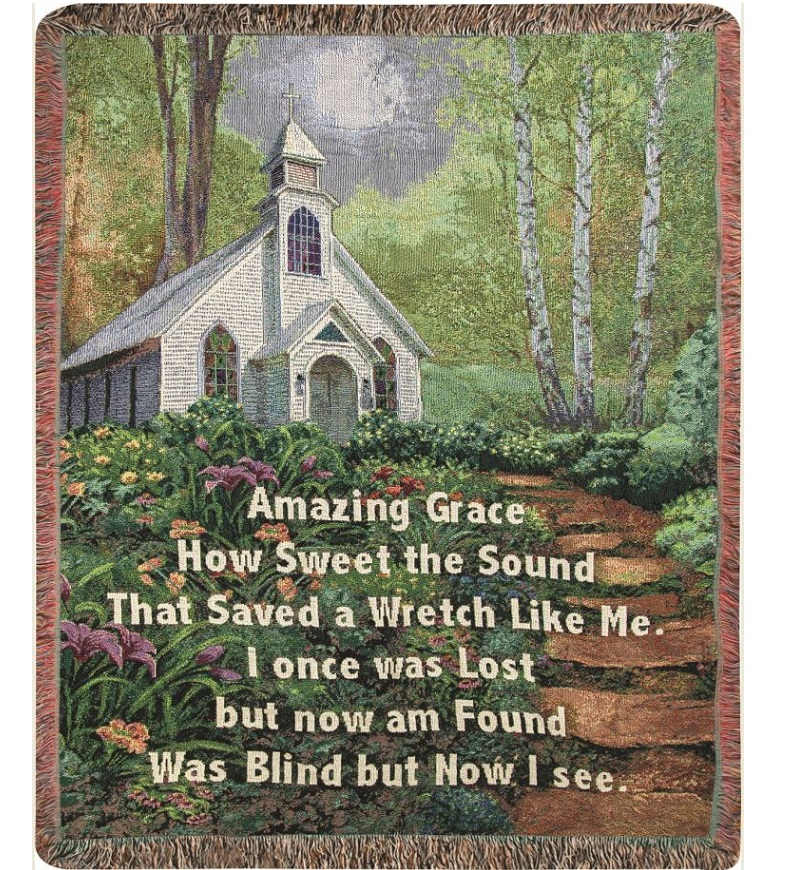 Tapestry of a small church in a flower garden with hymn text