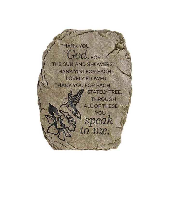 Decorative stone plaque with a floral and hummingbird design and a thank-you verse