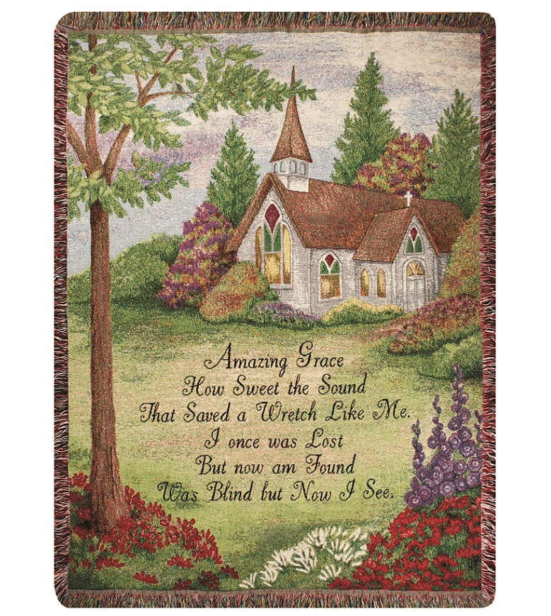 Decorative woven throw with a church scene and the words Amazing Grace