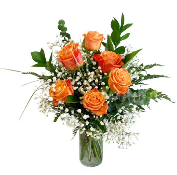 1/2 Dozen Orange Roses - 6 beautiful orange roses arranged in a vase with baby's breath and greens.