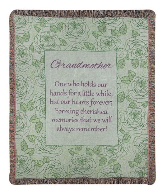 Floral-patterned blanket with a grandmother tribute message