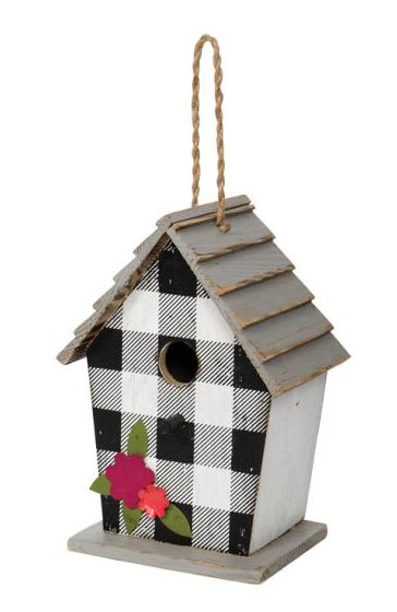 Decorative wooden birdhouse with black-and-white check pattern and flower accents