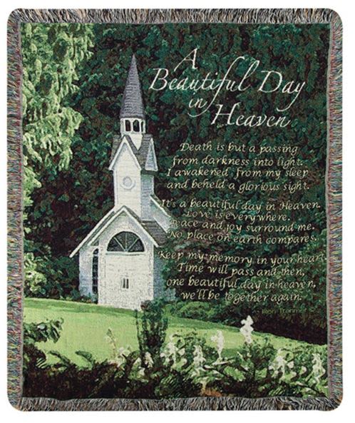 Memorial blanket with a church and the words "A Beautiful Day in Heaven"