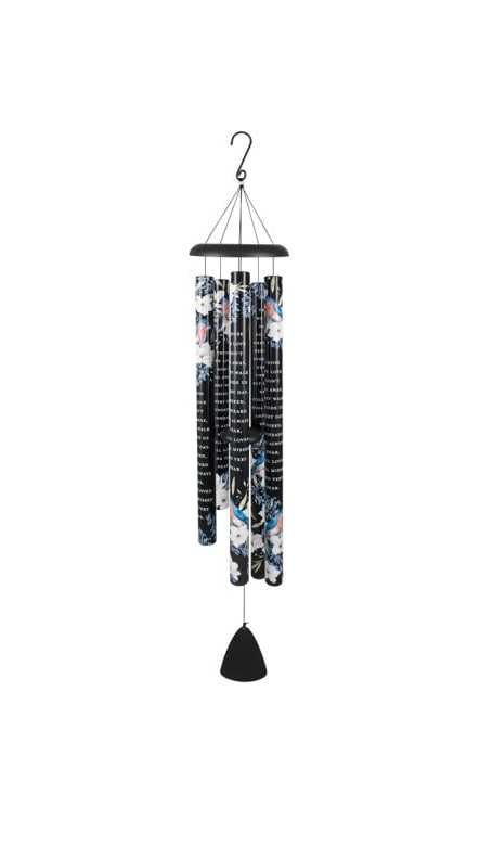 Black hanging wind chime with floral-patterned tubes