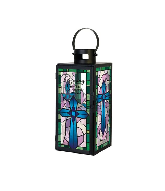 Decorative lantern with stained-glass cross panels