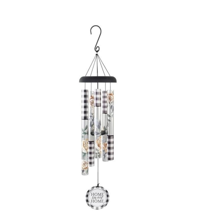 Black and white check wind chime with floral tubes and round 'Home Sweet Home' charm