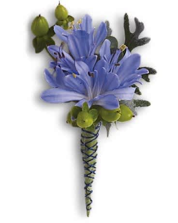 Blue flower boutonniere with green accents and wrapped stem