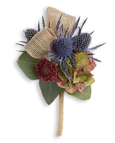 Small boutonniere with blue thistle, burgundy bloom, and burlap wrap