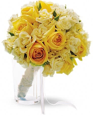 Yellow and white rose bouquet with a ribbon-wrapped handle