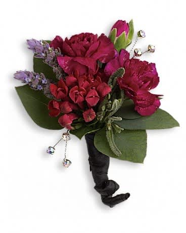 Magenta boutonniere with purple accents and dangling crystal pins