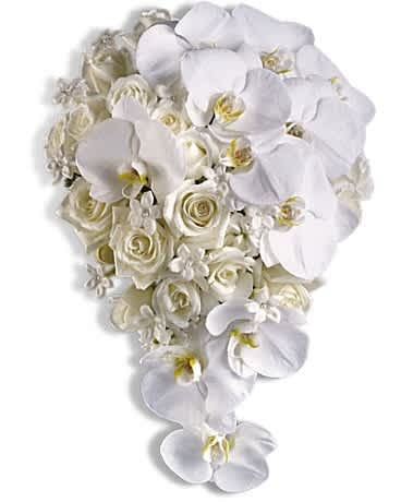 White orchid and rose bouquet with cascading blooms