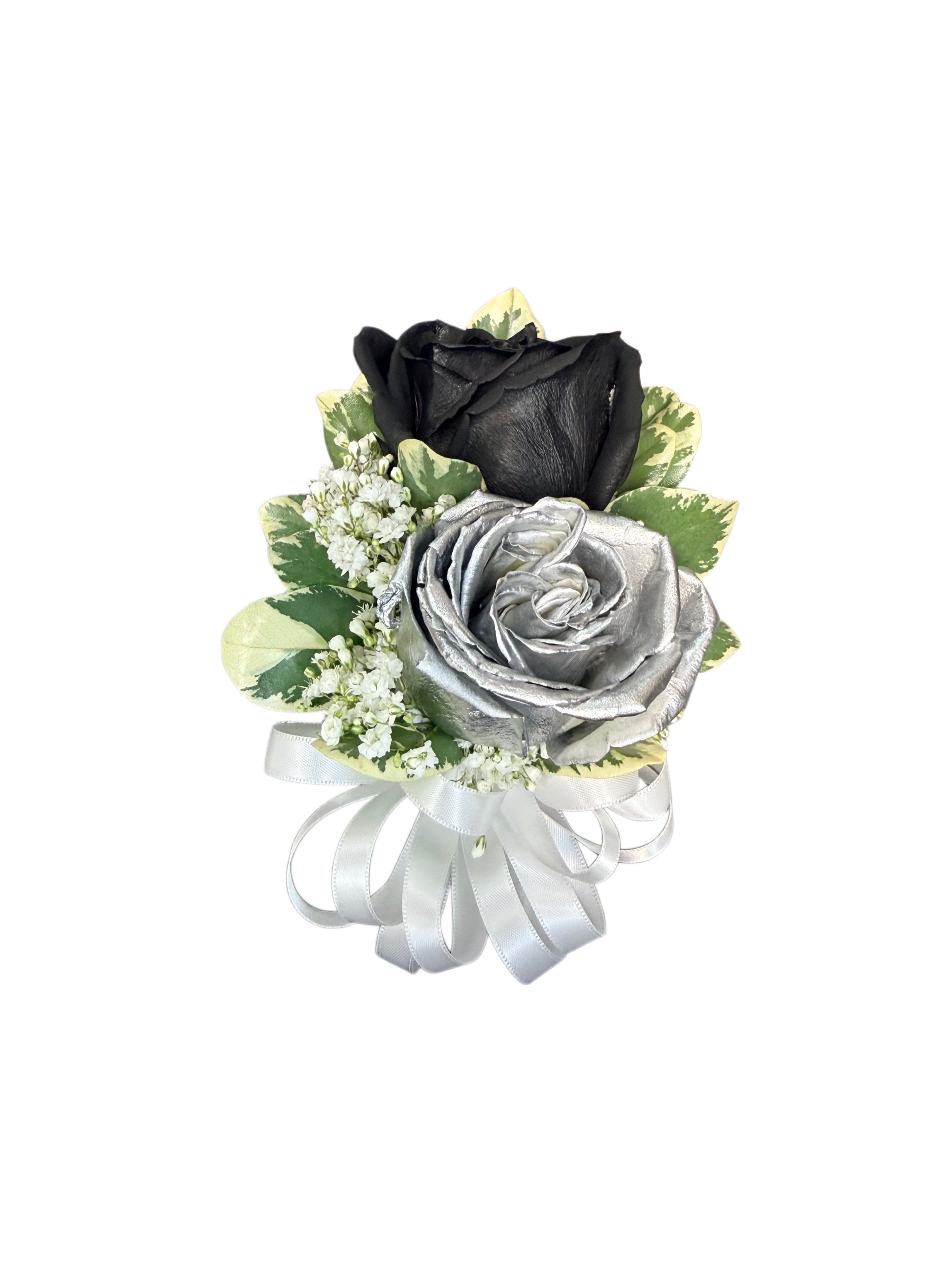 Corsage, black and silver roses-silver ribbon  - Corsage for prom, black and silver roses, and silver ribbon 