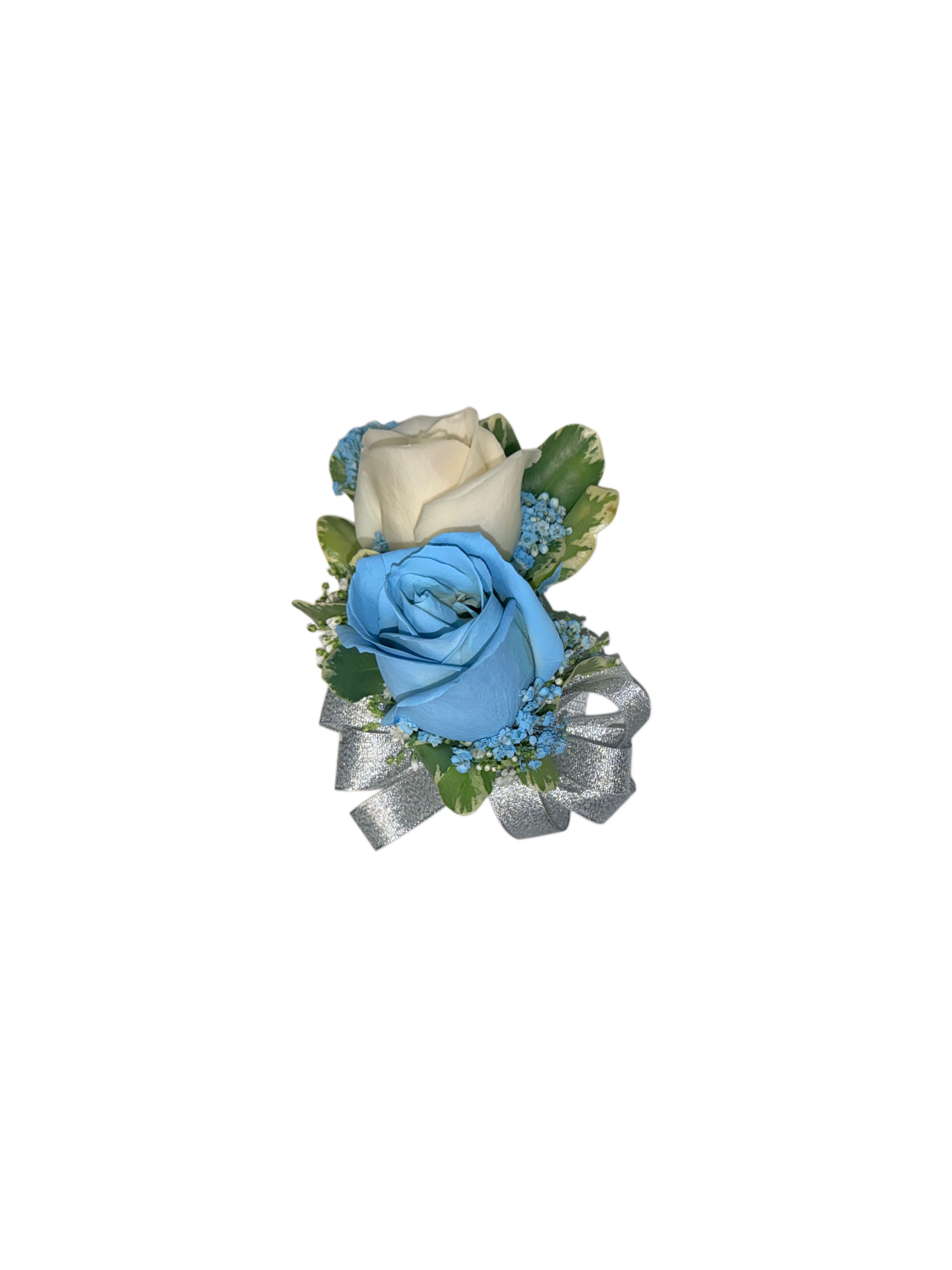 Corsage, blue and white rose  - Blue and white corsage for prom 