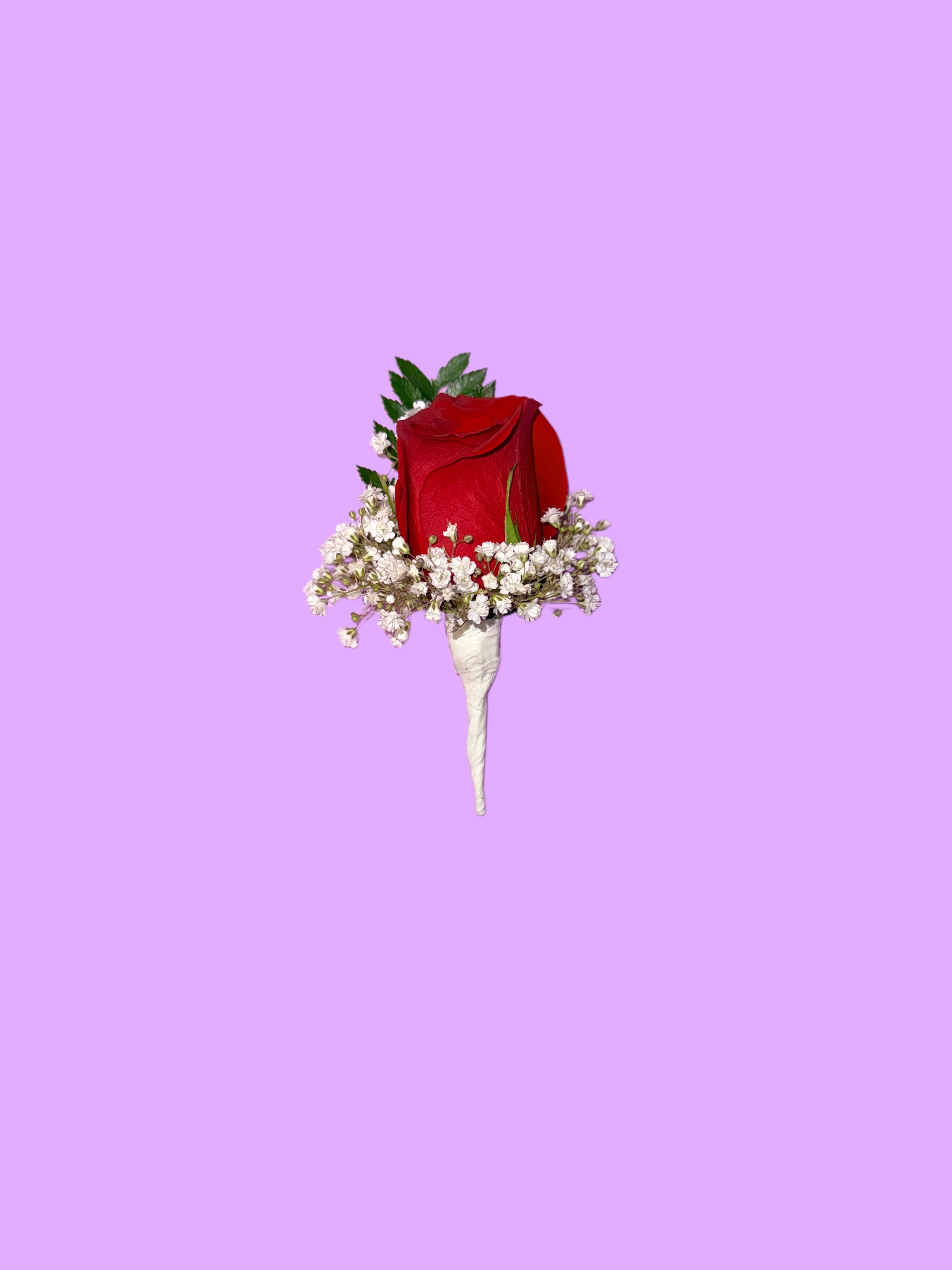 Red boutonniere  - 1 rose boutonniere, babies breath and greens 