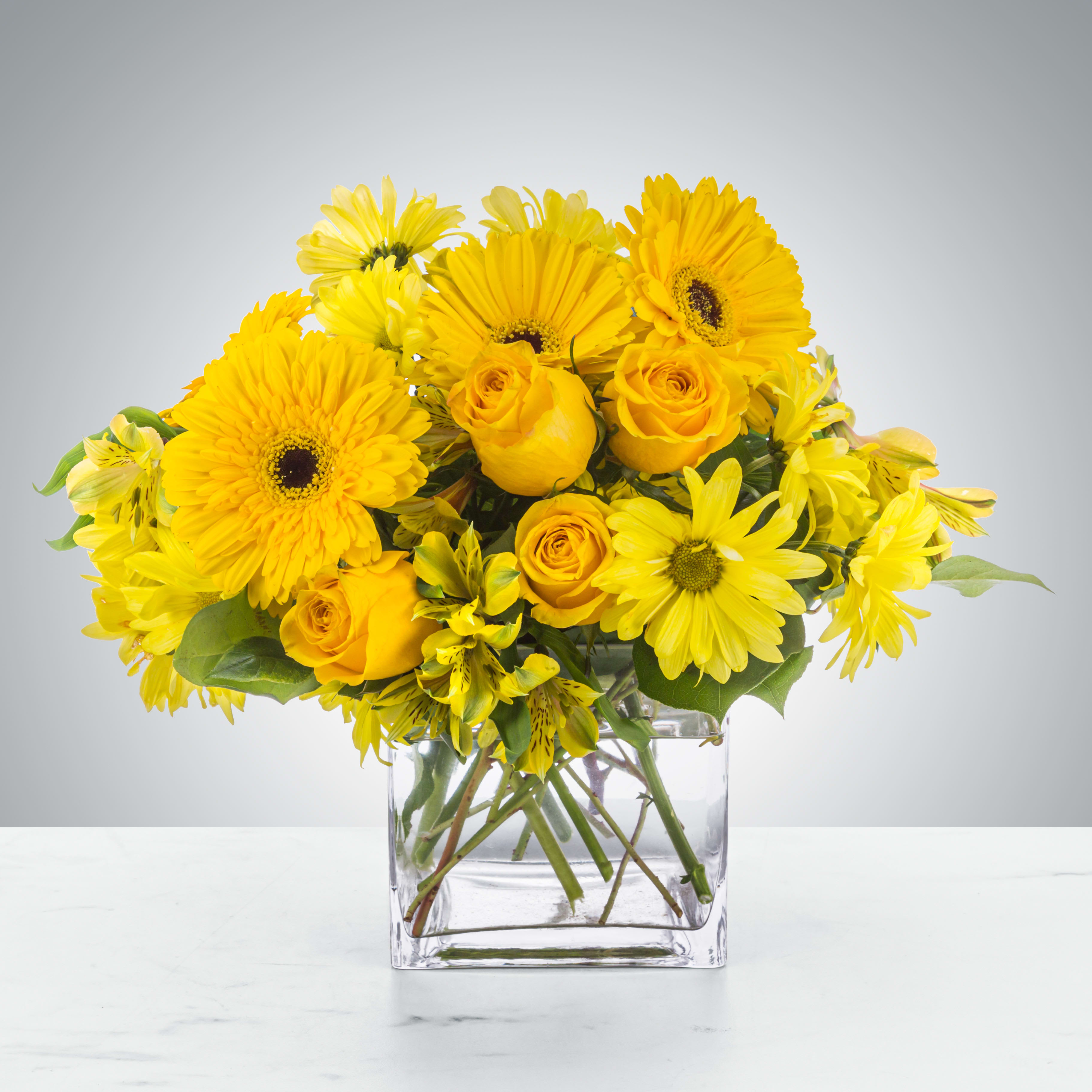 Lemonade by BloomNation™ - This monochromatic arrangement can make anybody feel a little more cheerful. Lemonade by BloomNation™ lifts the spirits and makes you think of good old times. A perfect gift to send to somebody who needs a little extra joy in their life.For same day delivery and Free Delivery Options Text or Call  832-973-1376.  Approximate Dimensions: 12"D x 10"H
