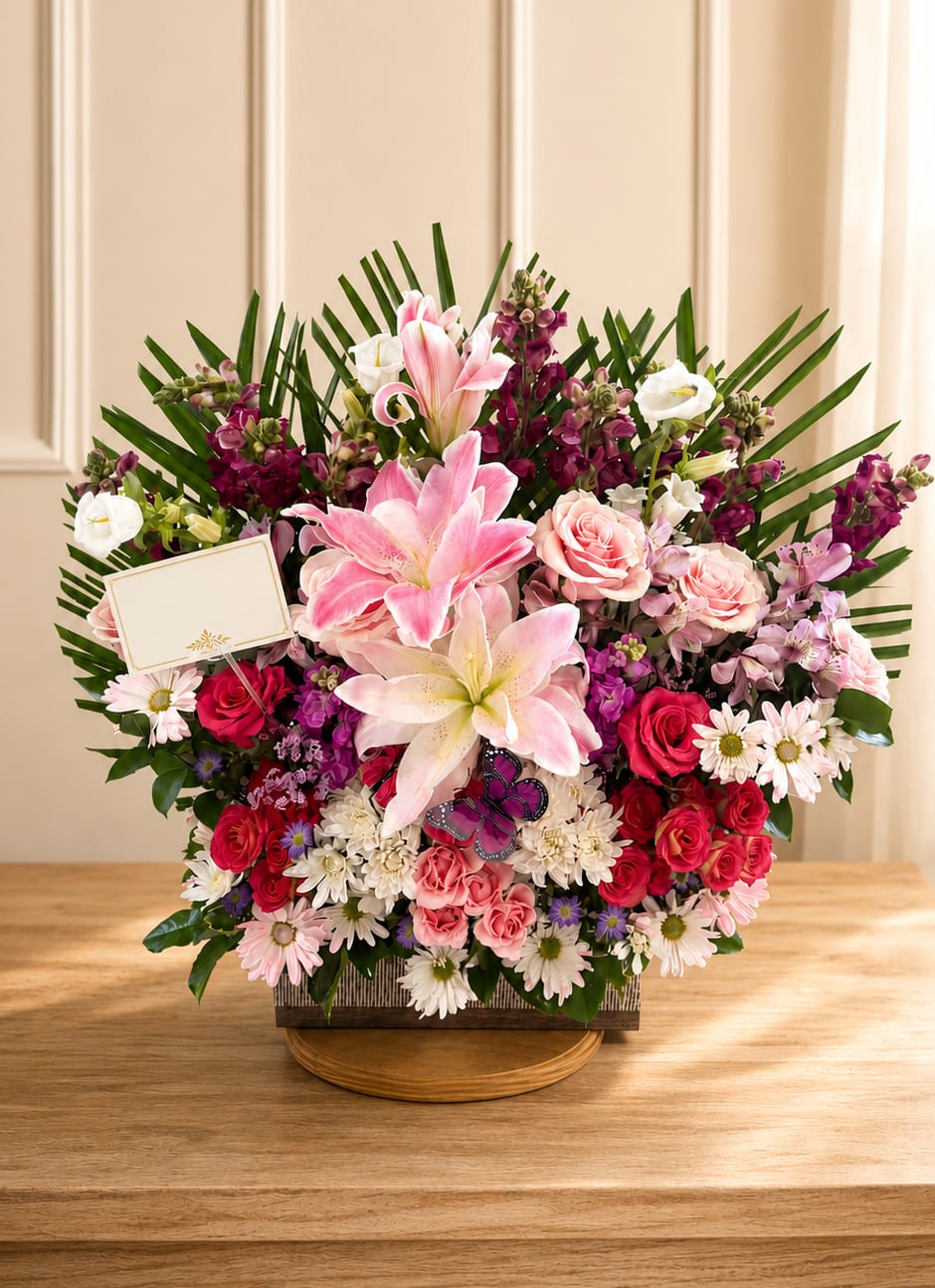 Peaceful Reflections - A beautifully crafted sympathy arrangement featuring premium seasonal blooms in shades of pink, white, and lavender, artistically designed to express love, comfort, and remembrance. Created to honor a cherished life and bring peace to family and friends during difficult times.  Designer Substitution Guarantee: If specific flowers are unavailable, blooms of equal or greater value will be substituted while preserving the overall style, color palette, and beauty of the arrangement.