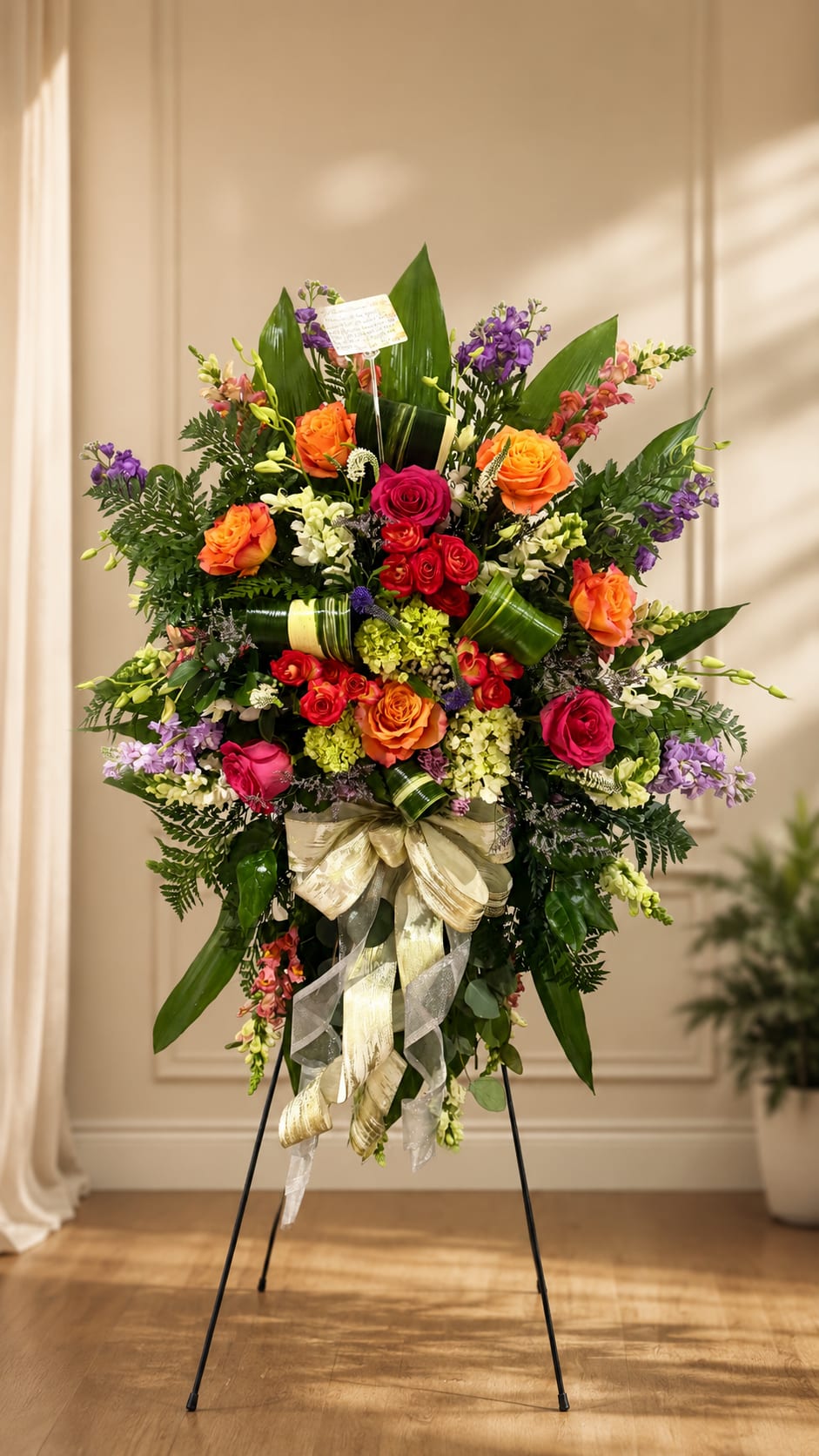 Memories - A graceful standing sympathy spray designed with premium roses, hydrangeas, snapdragons, stock, and lush seasonal greenery in a vibrant palette of warm oranges, rich pinks, purples, and soft whites.Expertly handcrafted on a standing easel, this elegant tribute symbolizes love, remembrance, hope, and a celebration of a beautiful life.Accented with artistic tropical foliage and a luxurious satin bow, it creates a striking and heartfelt expression of comfort for funeral services, memorials, or celebrations of life. Flower varieties may vary based on seasonal availability. If a specific bloom is unavailable, it will be replaced with an equal or higher-value flower while preserving the overall beauty, color palette, and design.