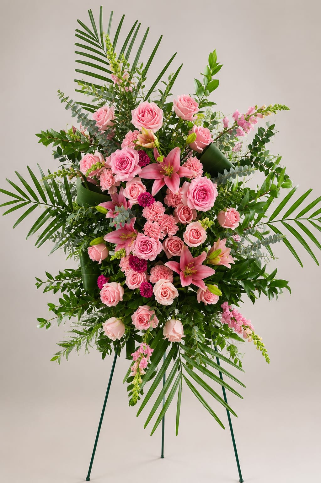 Large standing floral spray with pink roses and lilies on a tripod easel