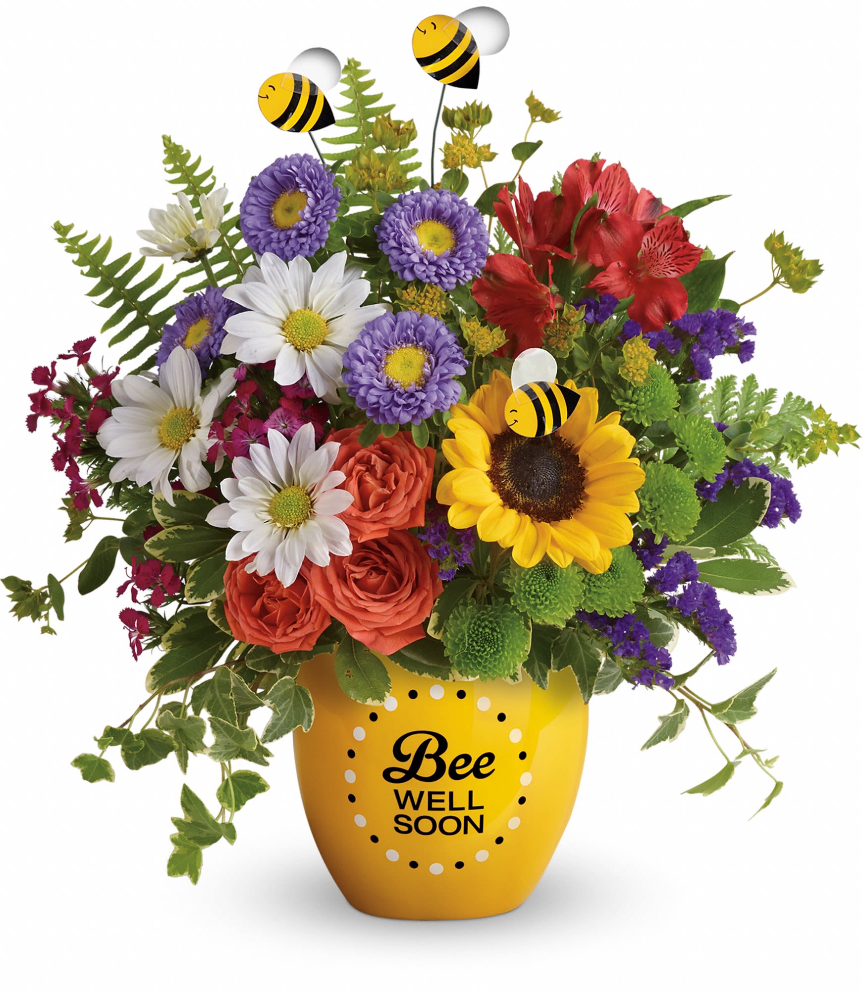 Mixed bouquet in a yellow vase with bee decorations and "Bee Well Soon" text