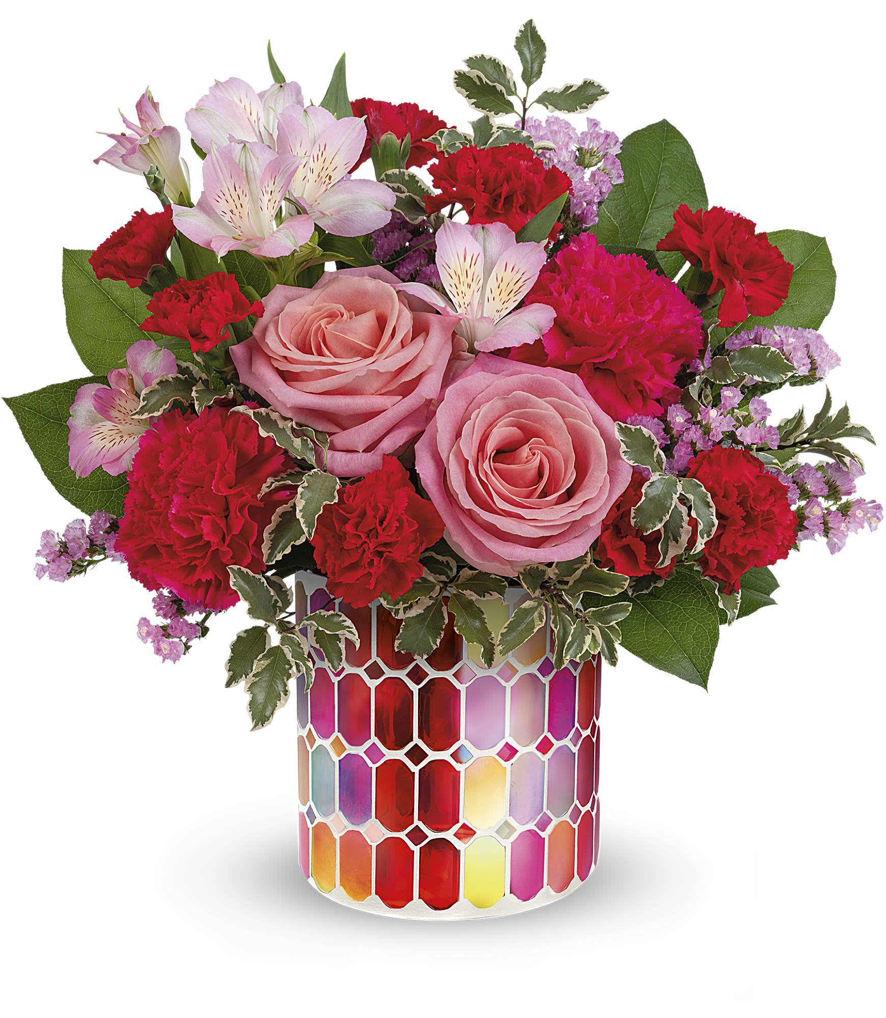 Teleflora's Charming Mosaic Bouquet - Charmed, I'm sure! Sweep them off their feet with this lovely bouquet of pink blooms presented in a magnificent mosaic vase of pearlescent stained glass.