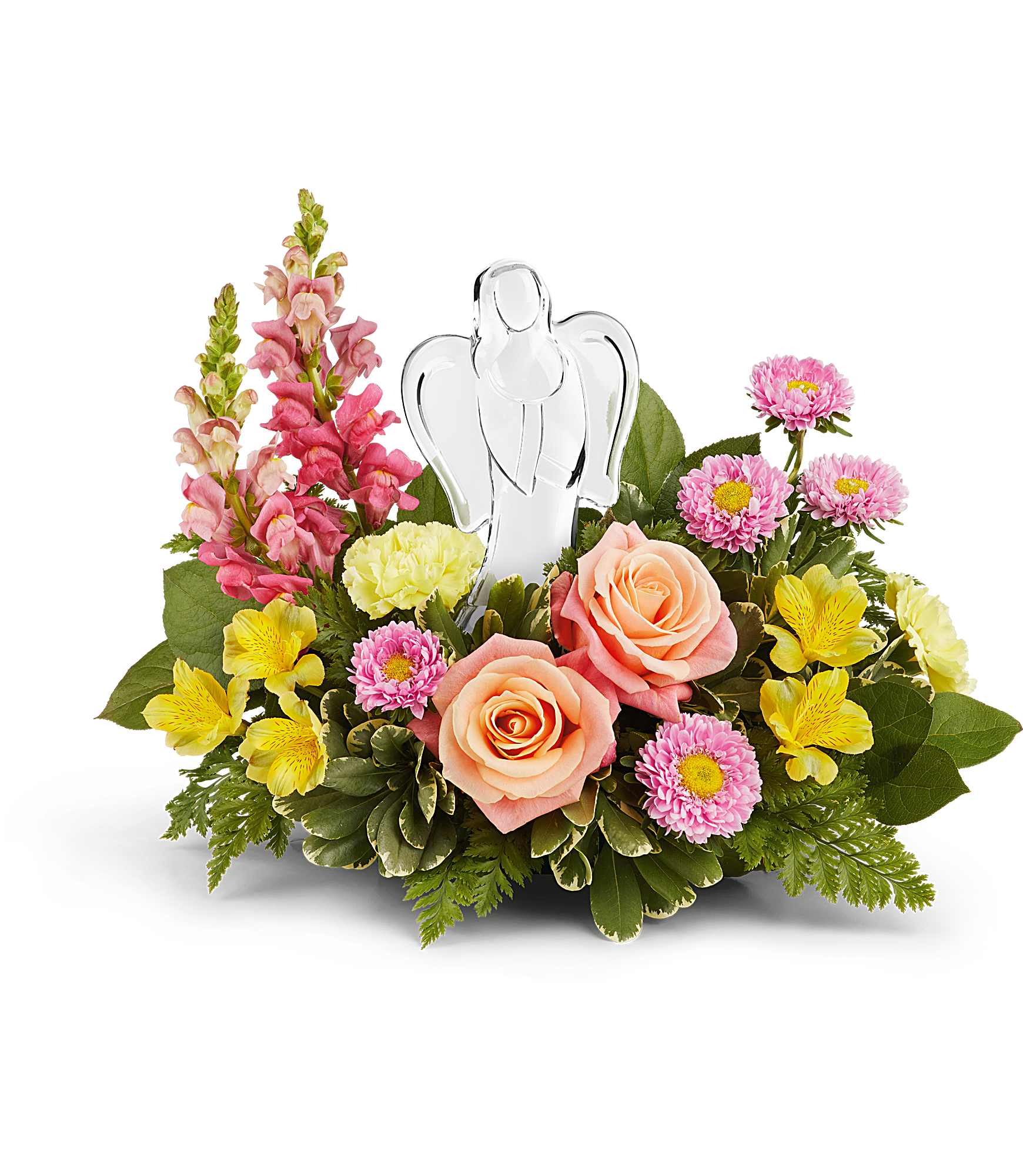Teleflora's Angel's Embrace Bouquet - Radiating peace and comfort, Teleflora's Angel's Embrace Bouquet surrounds a sparkling crystal angel keepsake with peach roses, pink blooms, and sunny yellow flowers-a graceful way to honor love's eternal light. 