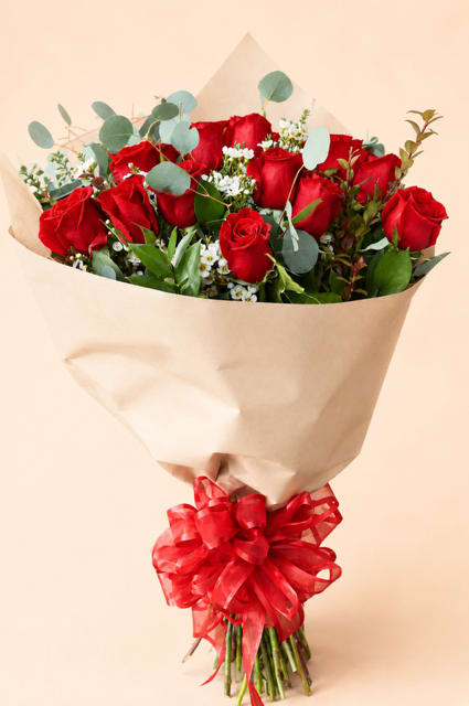 1 Dozen Roses Bouquet - Ecuadorian Red Roses, Greenery, Filler