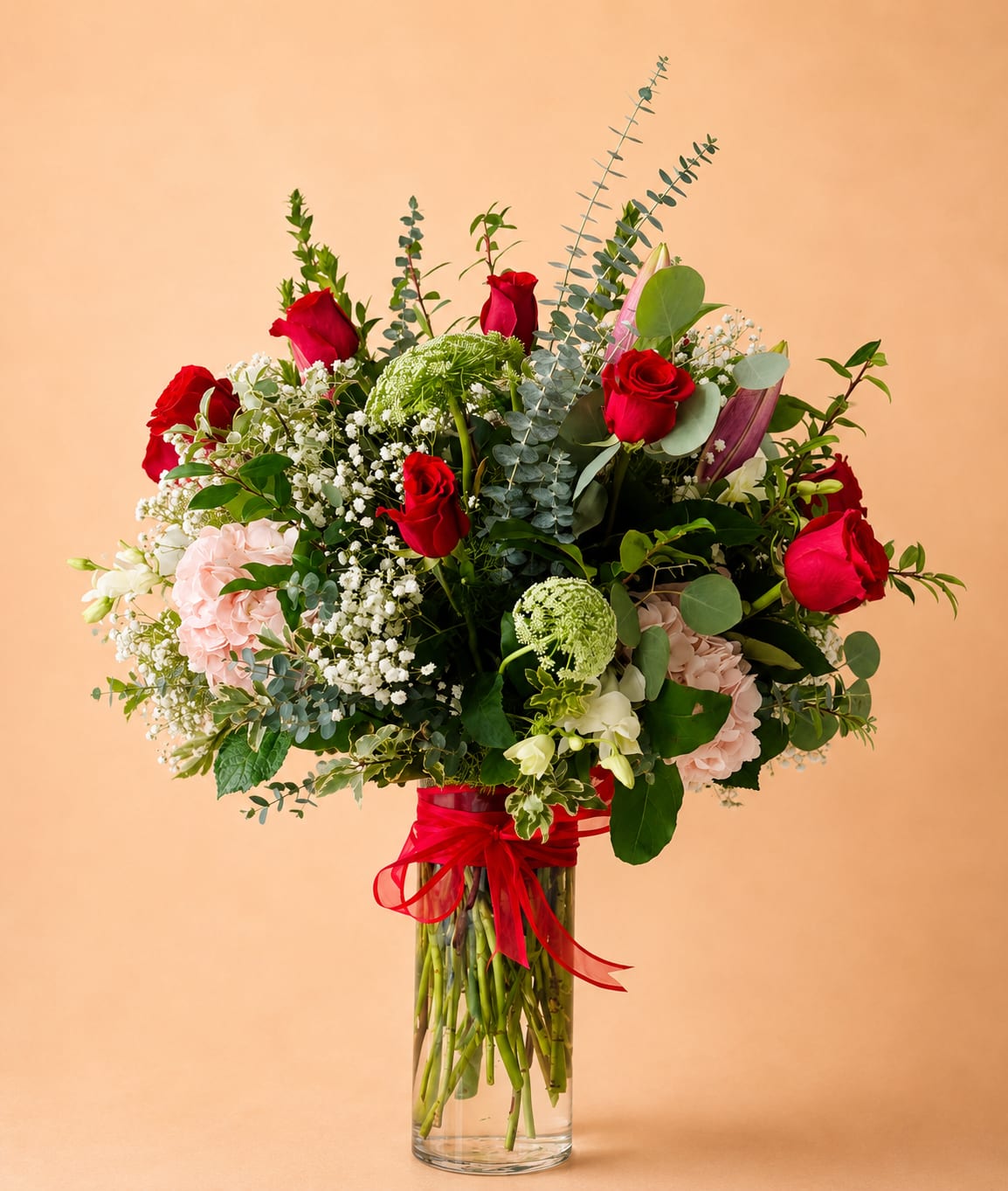 1 Dozen Roses Arrangement Premium - Red Roses, Orchids, Lilies, Greenery 