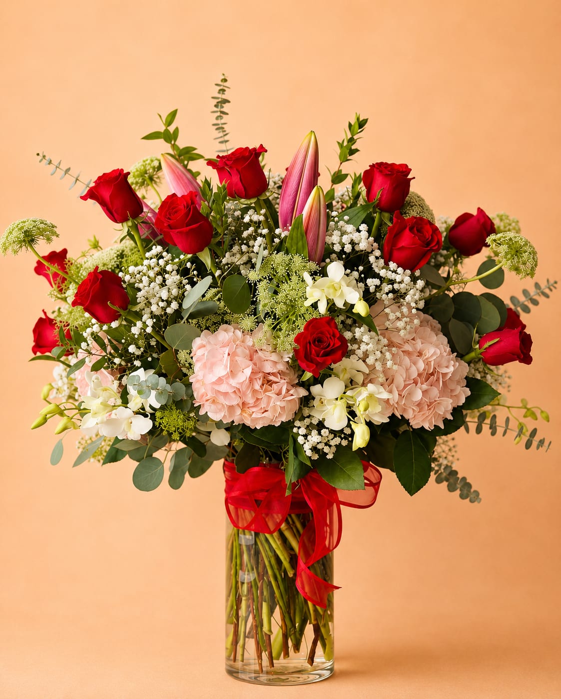 2 Dozen Roses Arrangement Premium - Red Roses, Orchids, Hydrangeas, Lilies